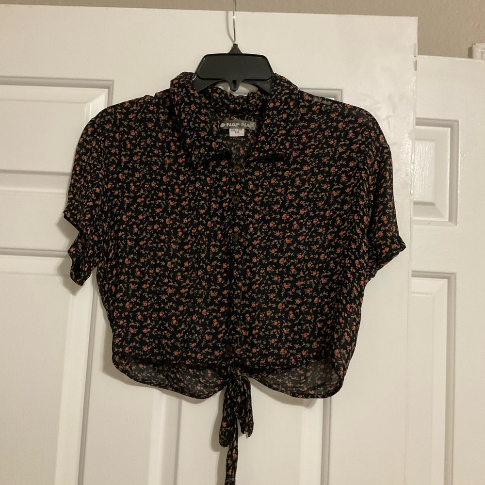 NAF NAF Black and White Crop Tie Front Button Down Shirt